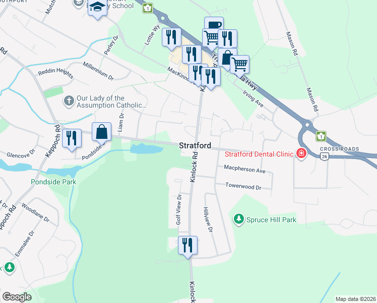 map of restaurants, bars, coffee shops, grocery stores, and more near in Stratford