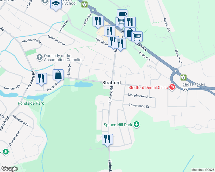 map of restaurants, bars, coffee shops, grocery stores, and more near in Stratford