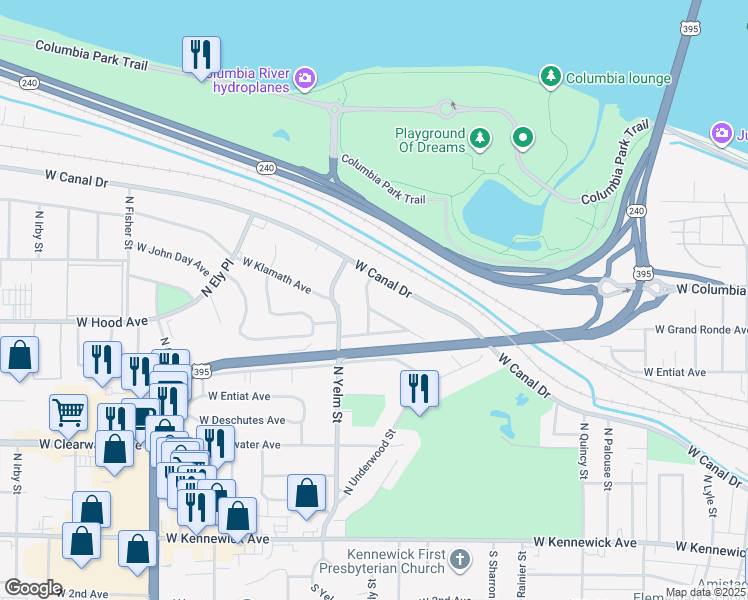map of restaurants, bars, coffee shops, grocery stores, and more near 2120 West Hood Avenue in Kennewick