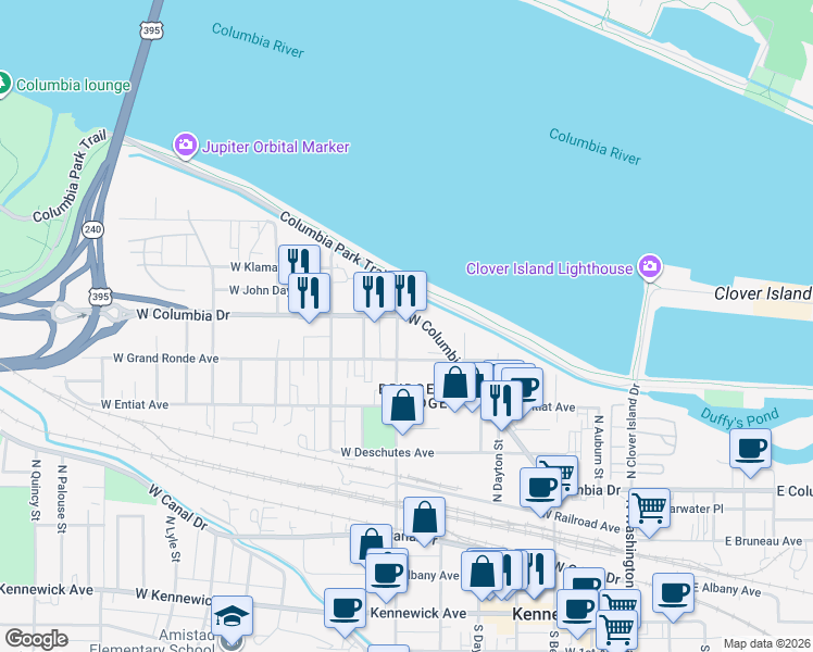 map of restaurants, bars, coffee shops, grocery stores, and more near 519/529 West Columbia Drive in Kennewick