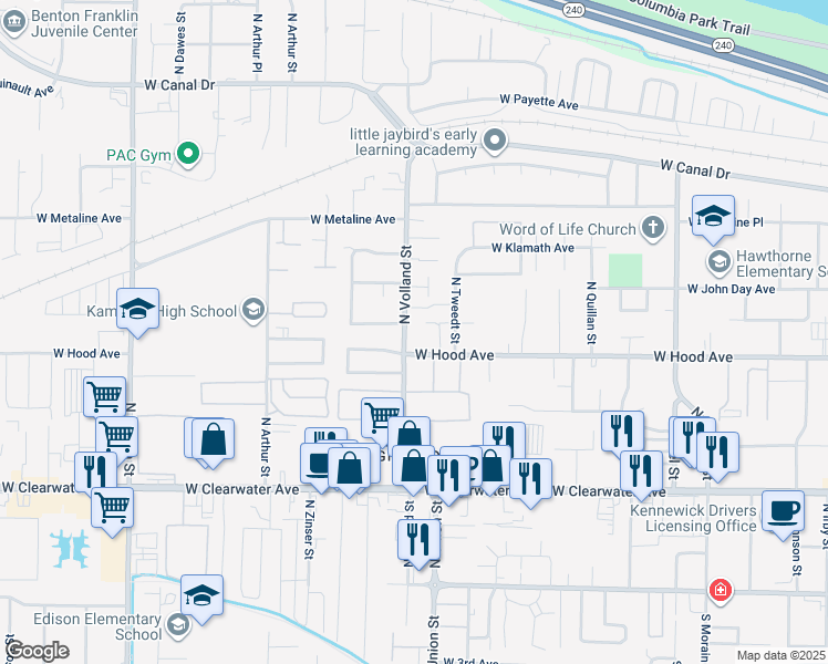 map of restaurants, bars, coffee shops, grocery stores, and more near 610 North Volland Street in Kennewick