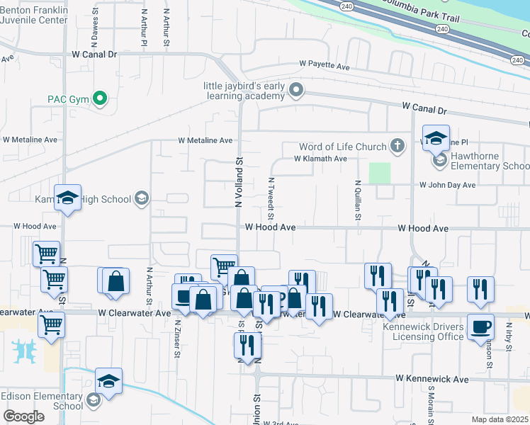 map of restaurants, bars, coffee shops, grocery stores, and more near 609 North Tweedt Street in Kennewick