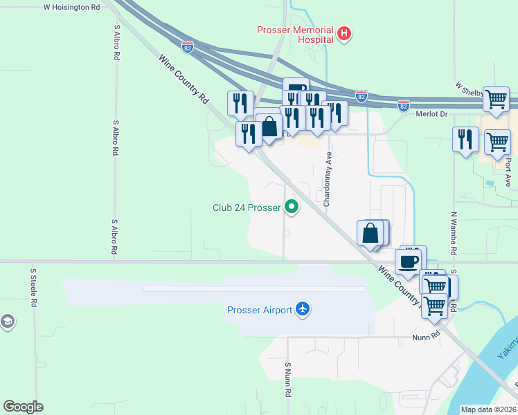 map of restaurants, bars, coffee shops, grocery stores, and more near 270 North Gap Road in Prosser