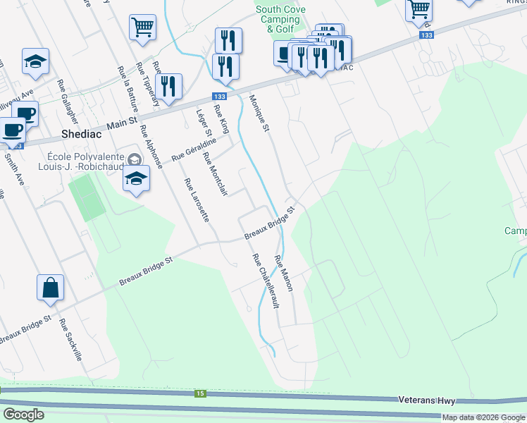 map of restaurants, bars, coffee shops, grocery stores, and more near 453 Rue Acadie in Shédiac