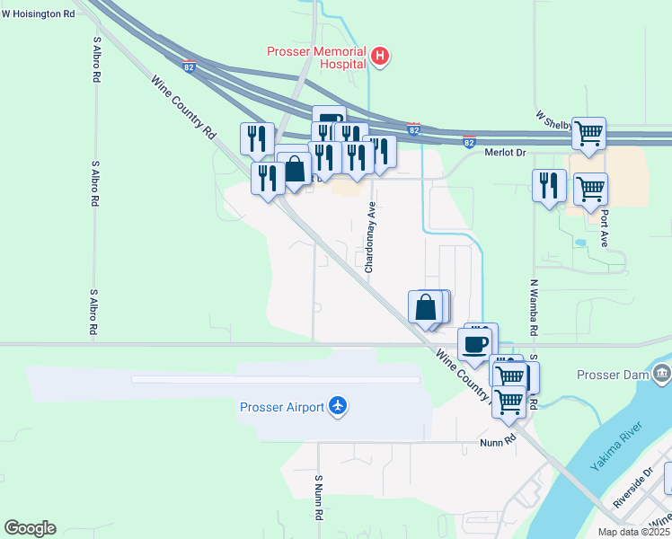 map of restaurants, bars, coffee shops, grocery stores, and more near 550 Wine Country Road in Prosser