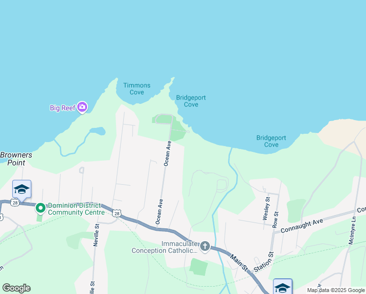 map of restaurants, bars, coffee shops, grocery stores, and more near 132 Ocean Avenue in Dominion