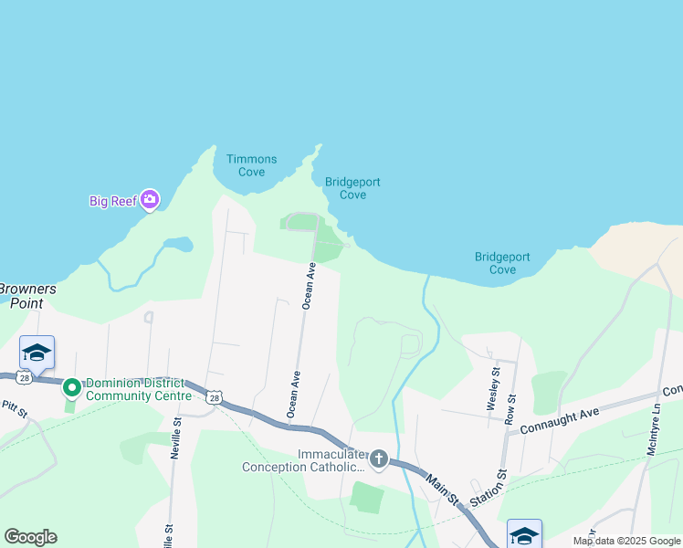map of restaurants, bars, coffee shops, grocery stores, and more near 132 Ocean Avenue in Dominion