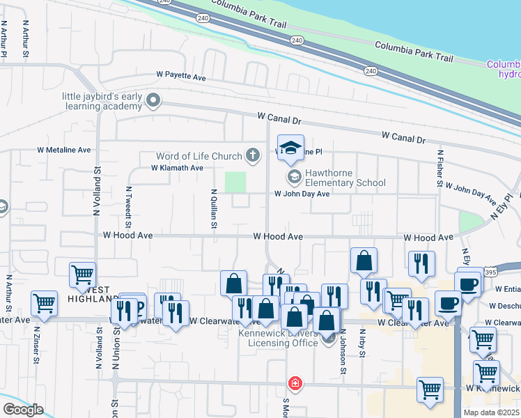 map of restaurants, bars, coffee shops, grocery stores, and more near 600-708 N Neel St in Kennewick