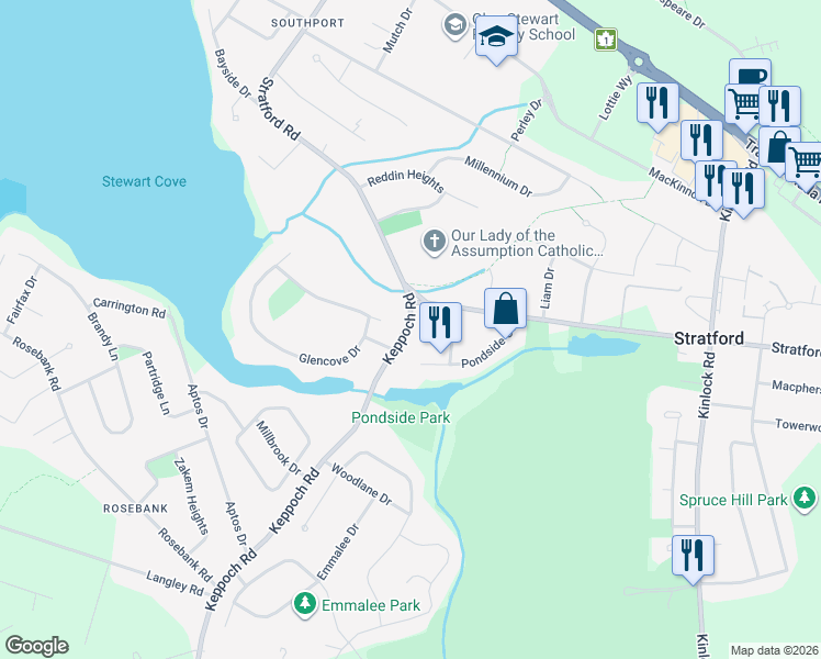 map of restaurants, bars, coffee shops, grocery stores, and more near 5 Keppoch Road in Stratford