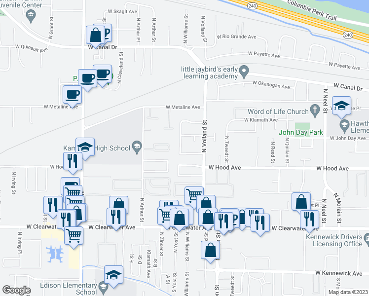 map of restaurants, bars, coffee shops, grocery stores, and more near 612 North Williams Street in Kennewick