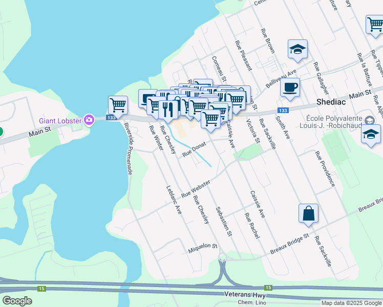 map of restaurants, bars, coffee shops, grocery stores, and more near 97 Rue Donat in Shédiac