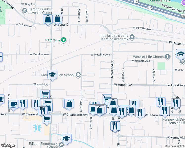 map of restaurants, bars, coffee shops, grocery stores, and more near 4652 West Klamath Avenue in Kennewick