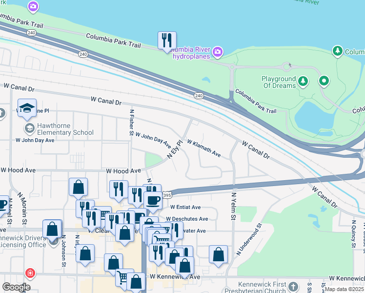 map of restaurants, bars, coffee shops, grocery stores, and more near 640 North Conway Place in Kennewick