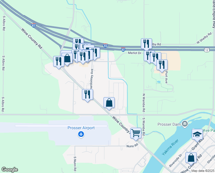 map of restaurants, bars, coffee shops, grocery stores, and more near Forrest Avenue in Prosser