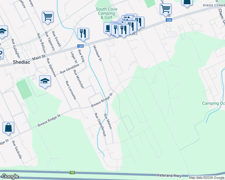 map of restaurants, bars, coffee shops, grocery stores, and more near Monique Street in Shediac