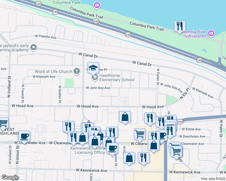 map of restaurants, bars, coffee shops, grocery stores, and more near 3314 West John Day Avenue in Kennewick