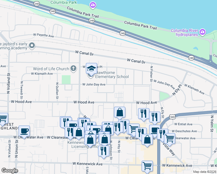map of restaurants, bars, coffee shops, grocery stores, and more near 3314 West John Day Avenue in Kennewick