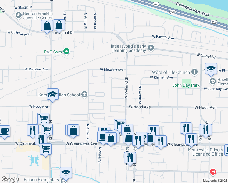 map of restaurants, bars, coffee shops, grocery stores, and more near 4600 West John Day Avenue in Kennewick