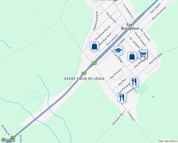 map of restaurants, bars, coffee shops, grocery stores, and more near 4273 Québec 112 in East Broughton