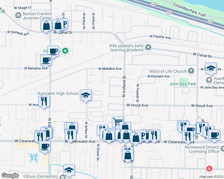 map of restaurants, bars, coffee shops, grocery stores, and more near 4600 West John Day Avenue in Kennewick
