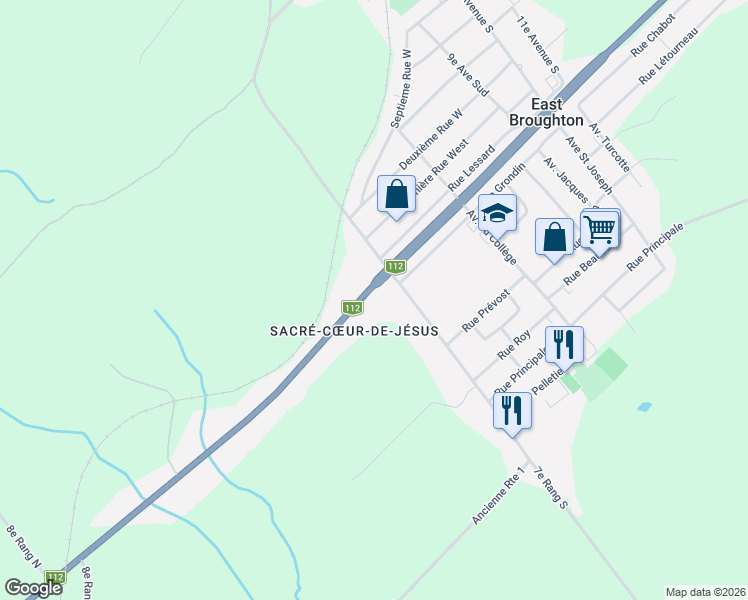 map of restaurants, bars, coffee shops, grocery stores, and more near 4273 Québec 112 in East Broughton