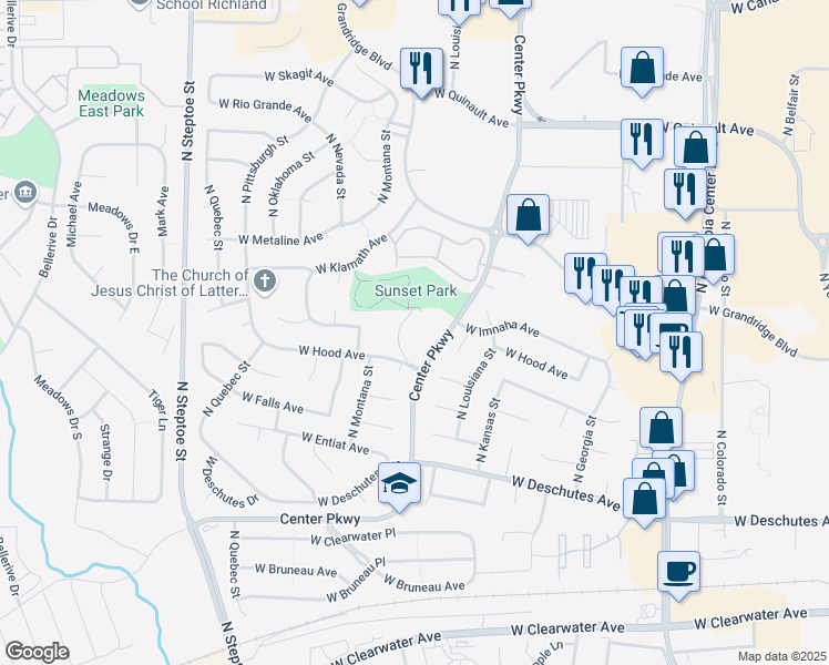 map of restaurants, bars, coffee shops, grocery stores, and more near 711 North Center Parkway in Kennewick