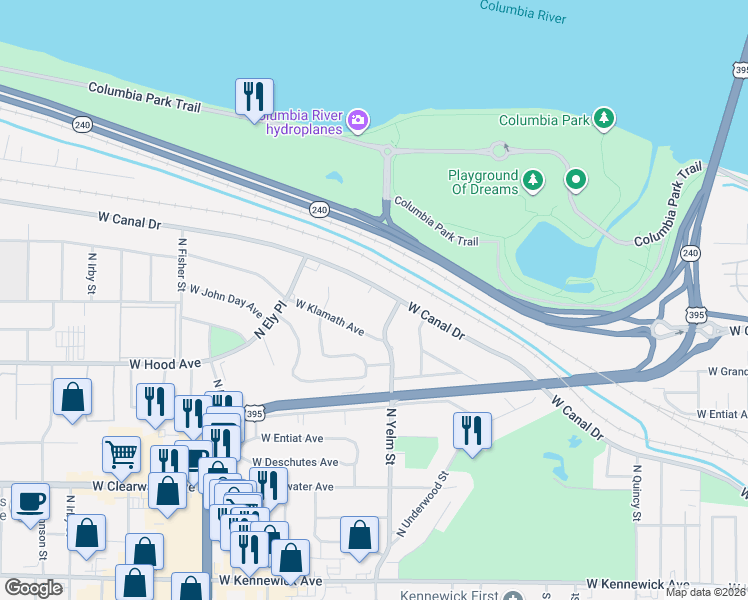 map of restaurants, bars, coffee shops, grocery stores, and more near 2215 West Canal Drive in Kennewick