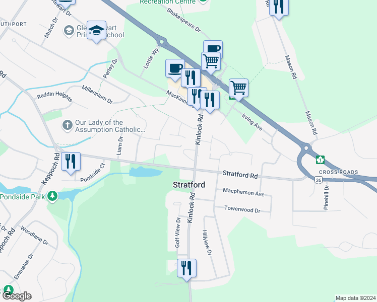 map of restaurants, bars, coffee shops, grocery stores, and more near 16 Cameron Heights in Stratford