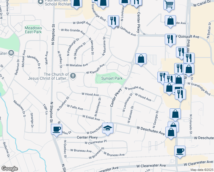 map of restaurants, bars, coffee shops, grocery stores, and more near 711 North Center Parkway in Kennewick