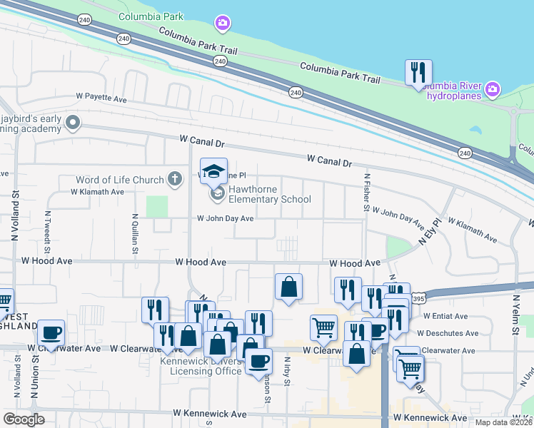 map of restaurants, bars, coffee shops, grocery stores, and more near 3314 West John Day Avenue in Kennewick