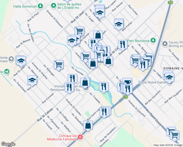 map of restaurants, bars, coffee shops, grocery stores, and more near 1608 Rue Saint Calixte in Plessisville