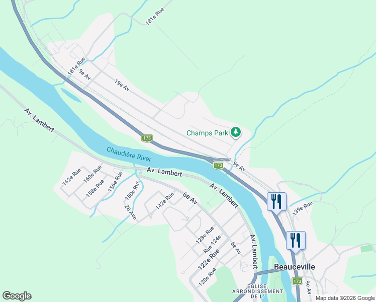 map of restaurants, bars, coffee shops, grocery stores, and more near 498 Boulevard Renault in Beauceville