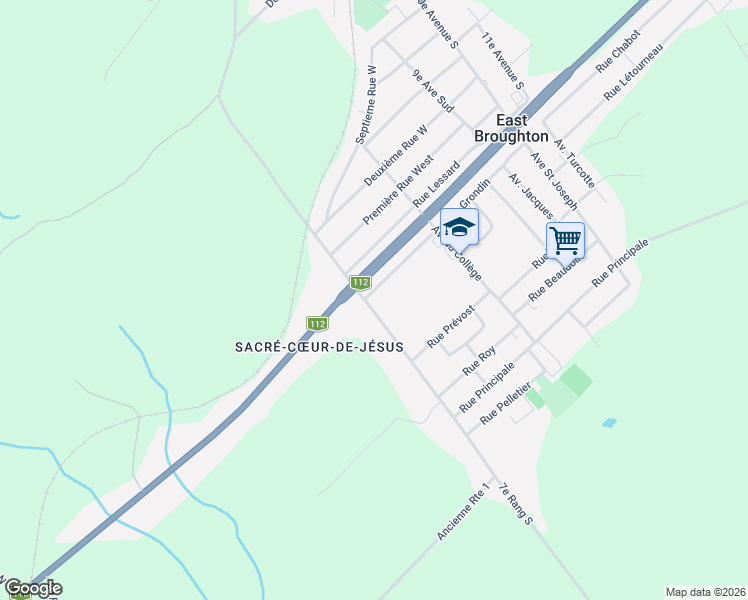 map of restaurants, bars, coffee shops, grocery stores, and more near 611 Avenue Notre Dame in East Broughton