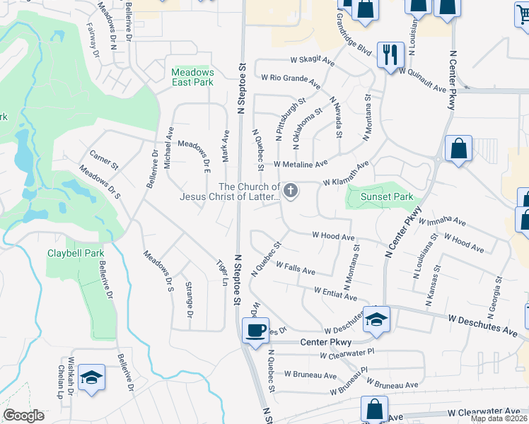 map of restaurants, bars, coffee shops, grocery stores, and more near 8913 West John Day Avenue in Kennewick