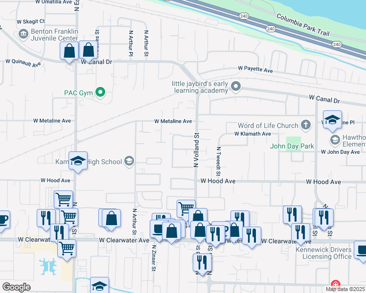 map of restaurants, bars, coffee shops, grocery stores, and more near 4600 West John Day Avenue in Kennewick
