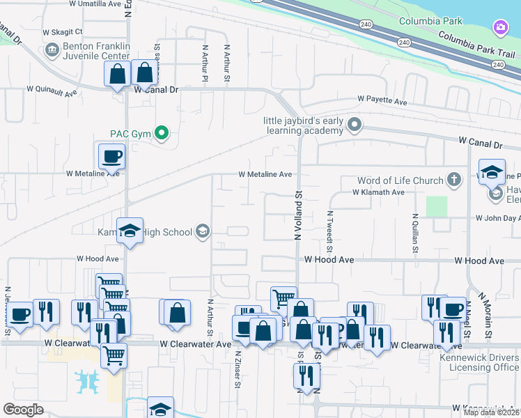 map of restaurants, bars, coffee shops, grocery stores, and more near 4652 West Klamath Avenue in Kennewick