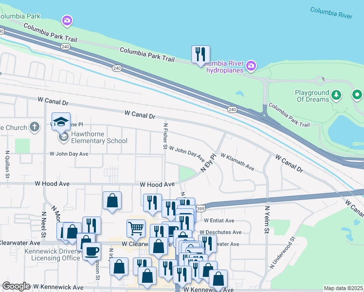 map of restaurants, bars, coffee shops, grocery stores, and more near 2800 West John Day Avenue in Kennewick