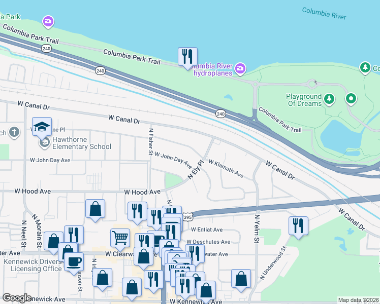map of restaurants, bars, coffee shops, grocery stores, and more near 2621 West Klamath Avenue in Kennewick