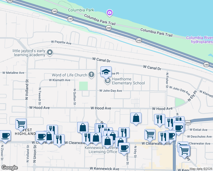 map of restaurants, bars, coffee shops, grocery stores, and more near 3515 W John Day Ave in Kennewick