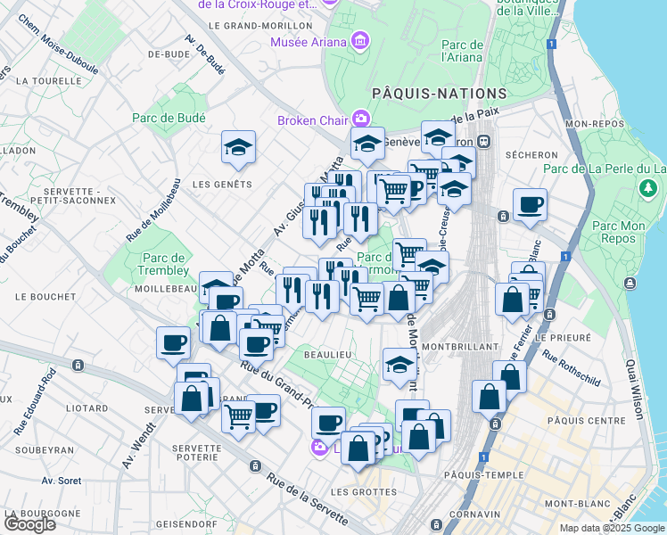 map of restaurants, bars, coffee shops, grocery stores, and more near 30 Rue de Vermont in Geneva