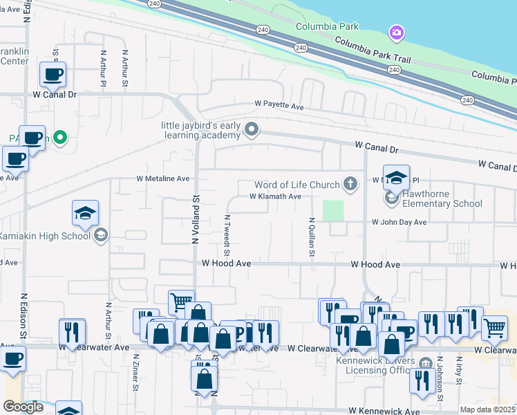 map of restaurants, bars, coffee shops, grocery stores, and more near 4201 West John Day Place in Kennewick