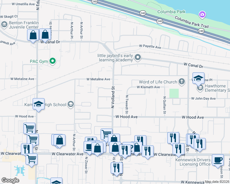 map of restaurants, bars, coffee shops, grocery stores, and more near 724 North Volland Street in Kennewick