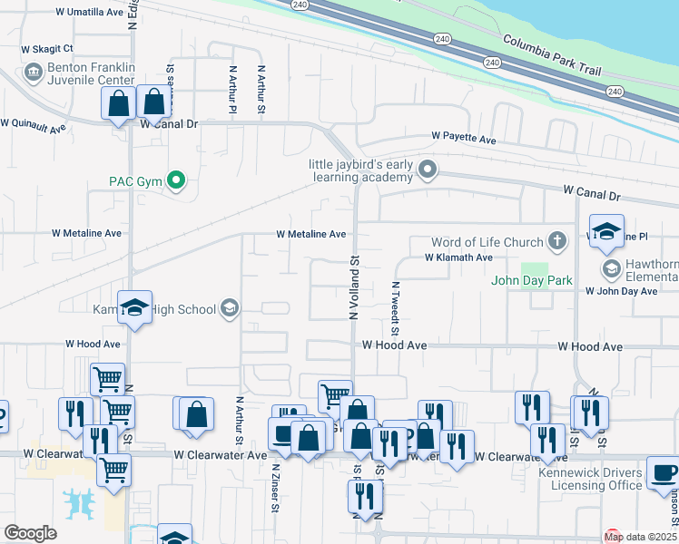 map of restaurants, bars, coffee shops, grocery stores, and more near 4600 West John Day Avenue in Kennewick