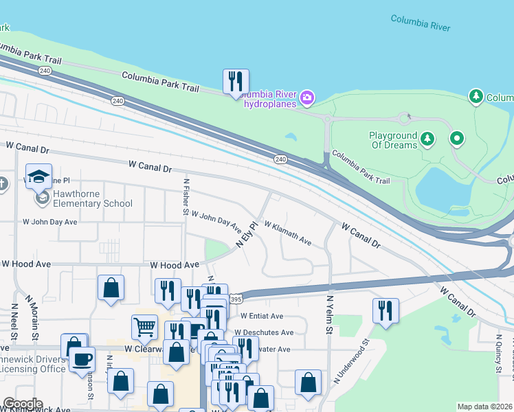 map of restaurants, bars, coffee shops, grocery stores, and more near 813 North Ely Place in Kennewick
