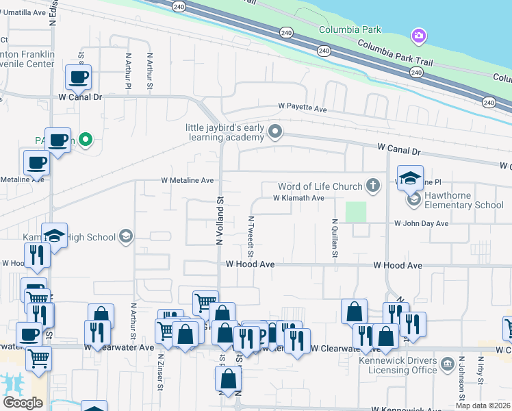 map of restaurants, bars, coffee shops, grocery stores, and more near 704 North Tweedt Street in Kennewick