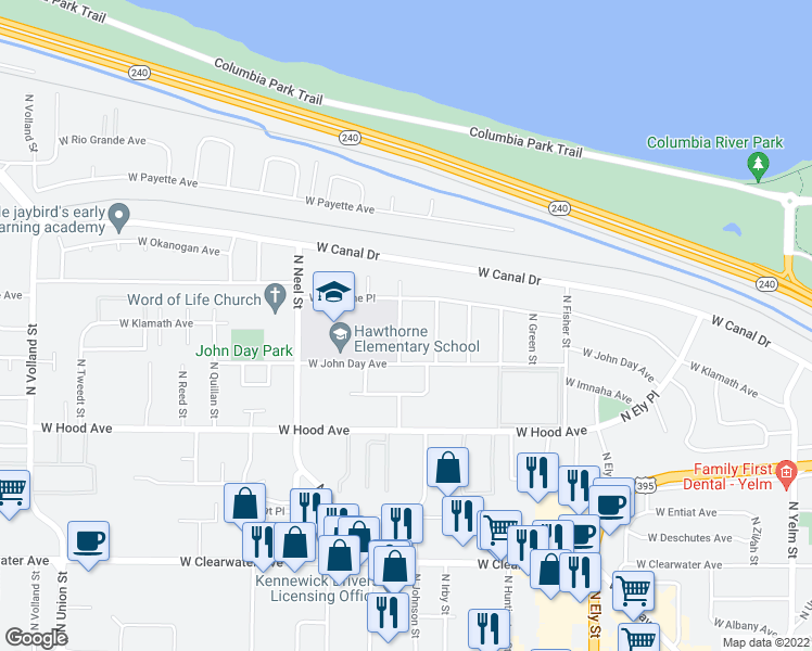 map of restaurants, bars, coffee shops, grocery stores, and more near 3319 West Metaline Place in Kennewick