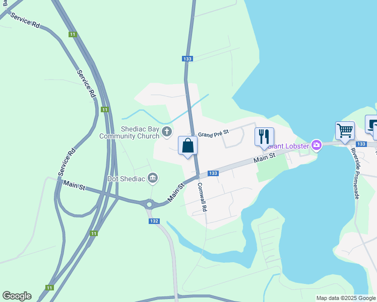 map of restaurants, bars, coffee shops, grocery stores, and more near 27 Roy Mollins Drive in Shediac
