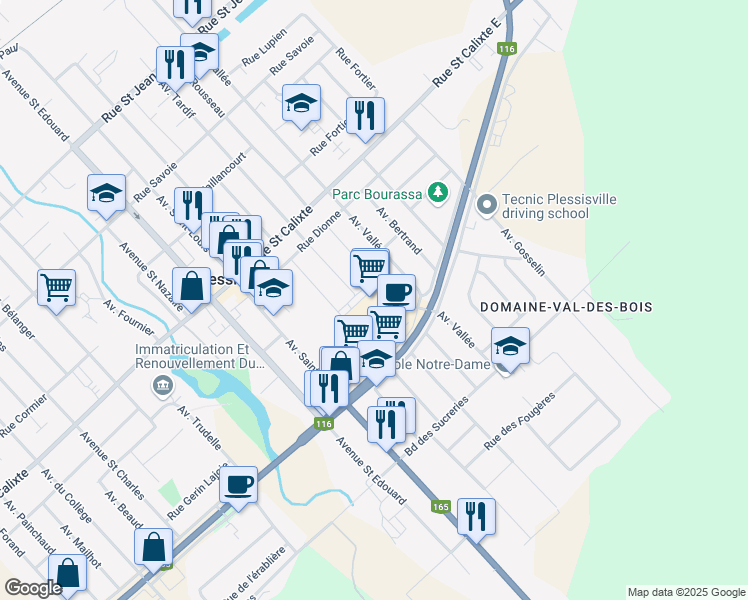 map of restaurants, bars, coffee shops, grocery stores, and more near 1971 Rue Bilodeau in Plessisville