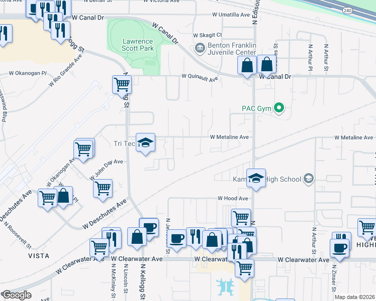 map of restaurants, bars, coffee shops, grocery stores, and more near 5629 West Metaline Avenue in Kennewick