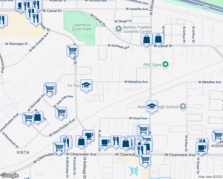 map of restaurants, bars, coffee shops, grocery stores, and more near 5629 West Metaline Avenue in Kennewick